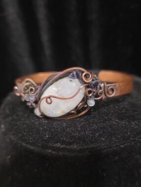 Handcrafted Copper Wire Rainbow Moonstone Cuff Bracelet
